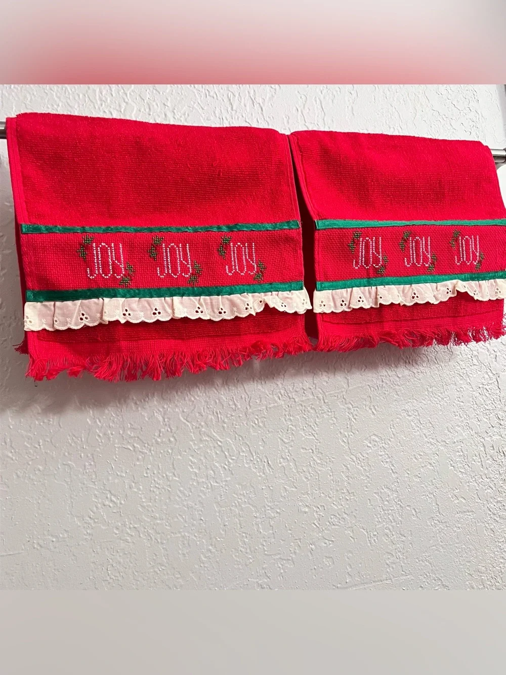 Vintage Christmas JOY Hand Towels Set Red Holiday Decor